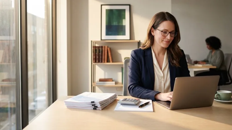 CPA working at a modern desk with organized tax documents
