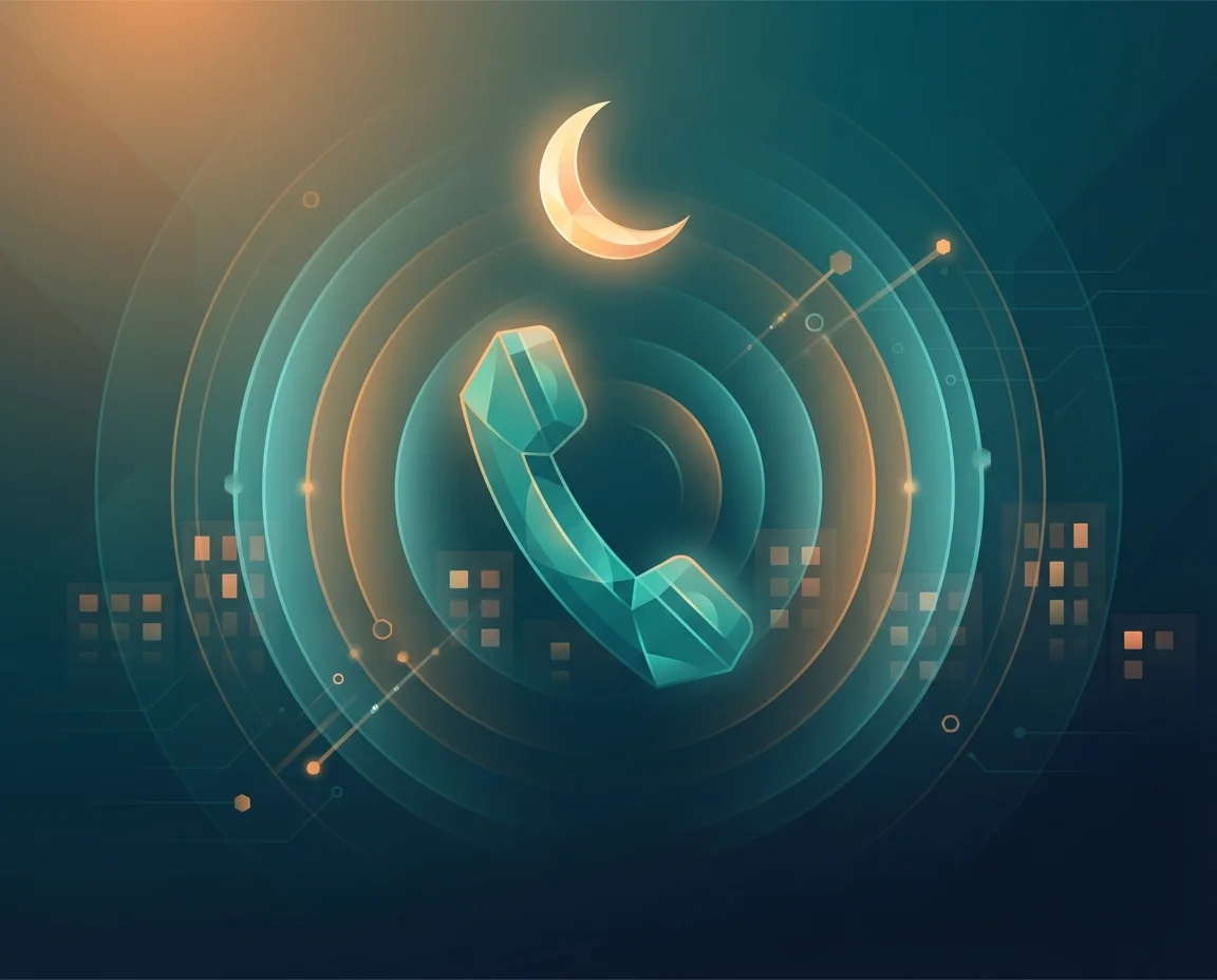 After-hours AI answering illustration — moonlit phone with soft voice waveform on teal and amber gradient