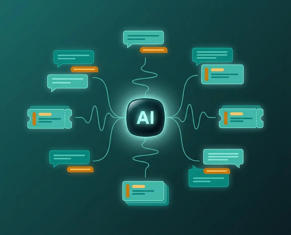 AI customer support illustration — voice agent orchestrating concurrent support threads on teal and amber gradient