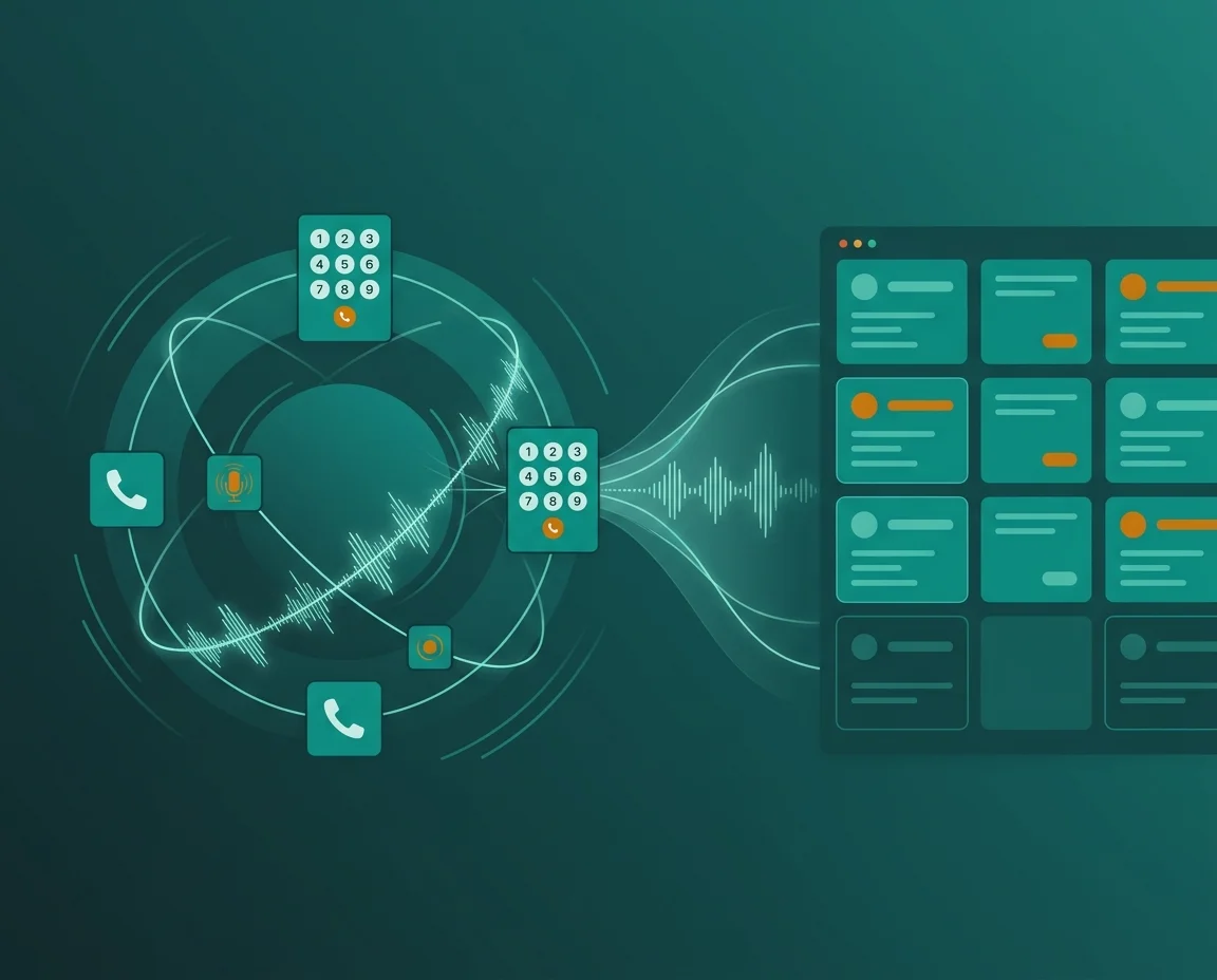 AI outbound calling illustration — rotating dial orbit with voice waveforms reaching CRM tiles on teal and amber gradient