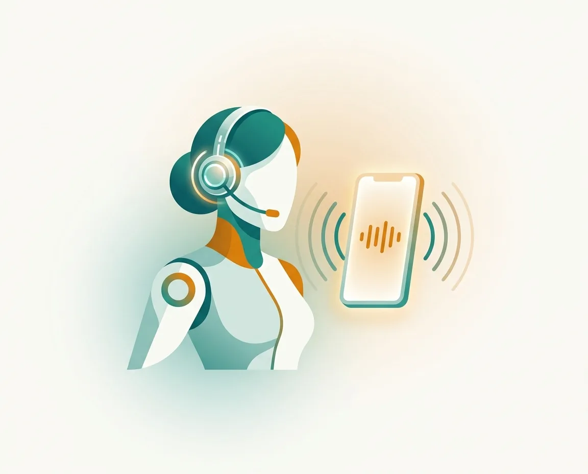 AI voice receptionist illustration — headset, phone, and voice waveform on a teal and amber gradient