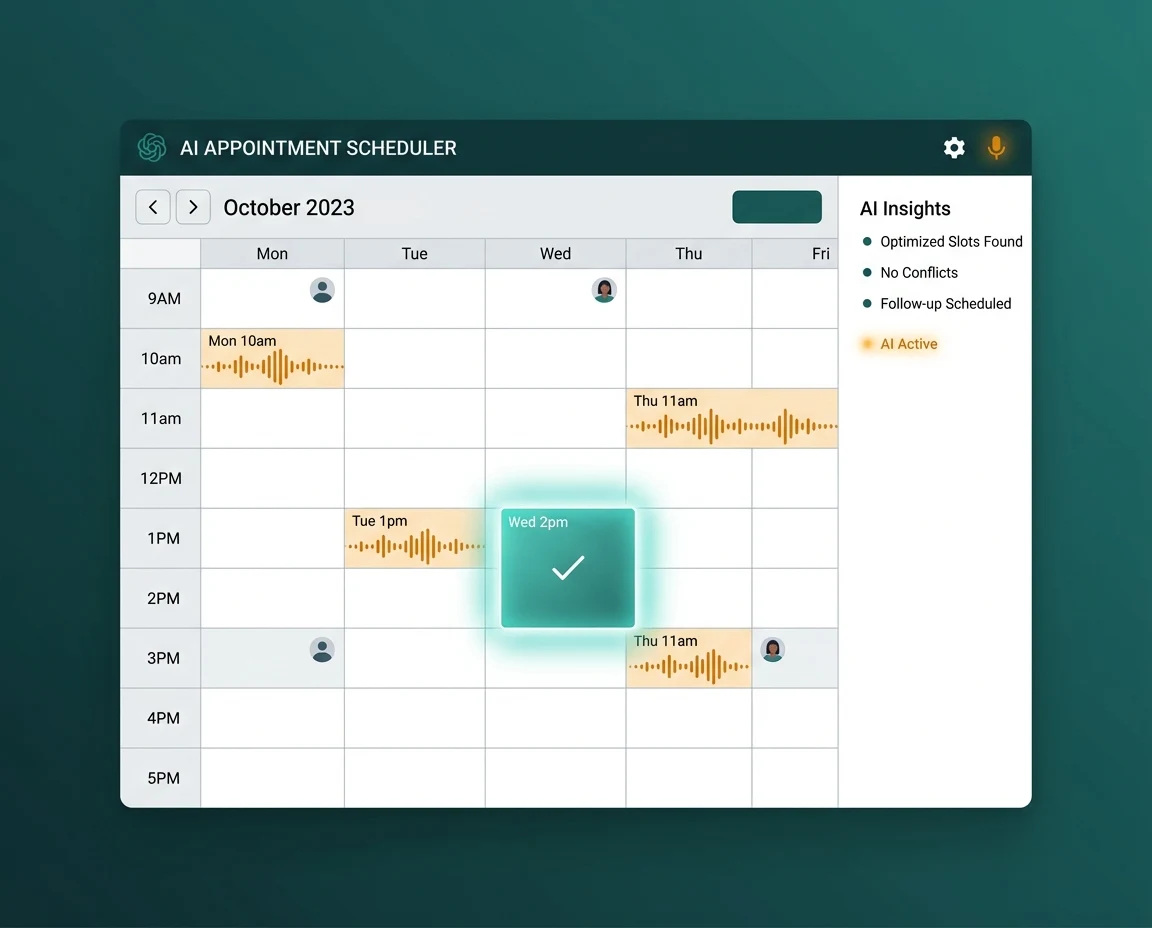 AI appointment scheduling illustration — calendar grid with voice waveform filling slots on teal and amber gradient
