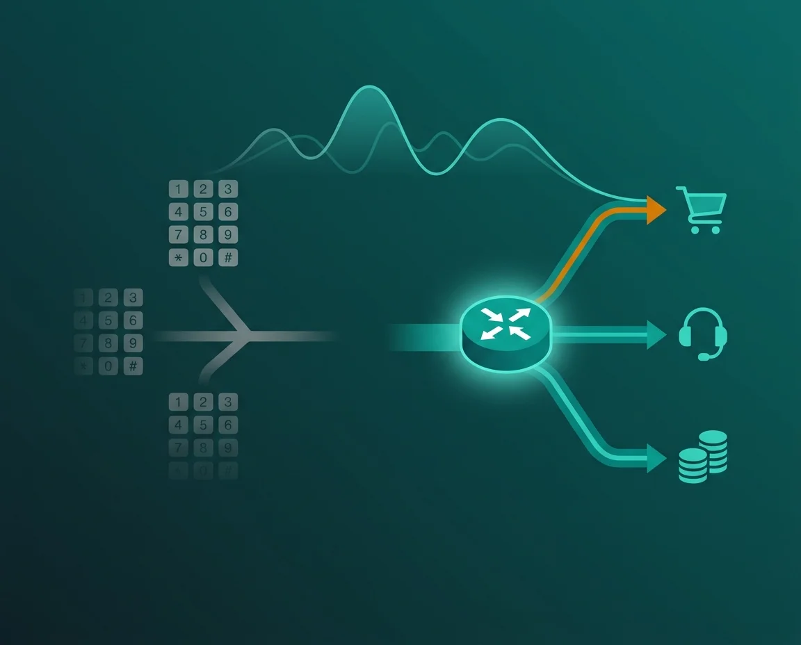 AI call routing illustration — old DTMF tree transforming into intent-based router paths on teal and amber gradient