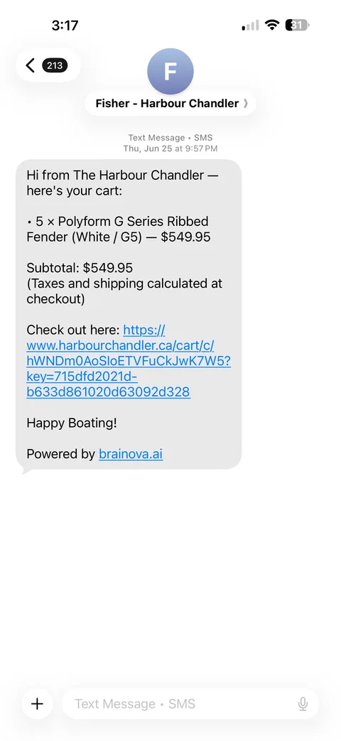 Real SMS from Fisher: an iPhone Messages thread from 'Fisher - Harbour Chandler' listing a live cart — 5 Polyform G Series Ribbed Fenders, $549.95 subtotal — with a harbourchandler.ca checkout link.