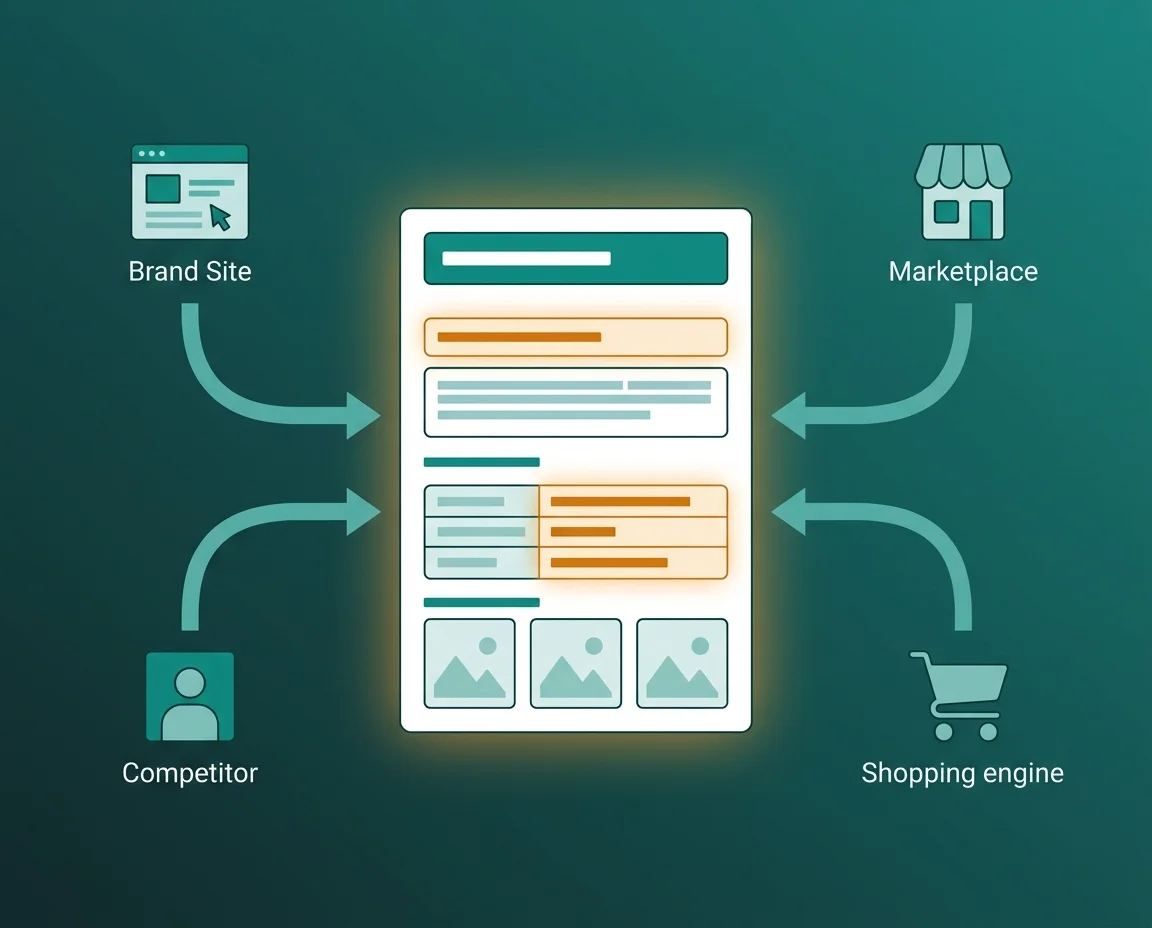 AI catalog enrichment illustration — product card auto-populating with descriptions and images on teal and amber gradient
