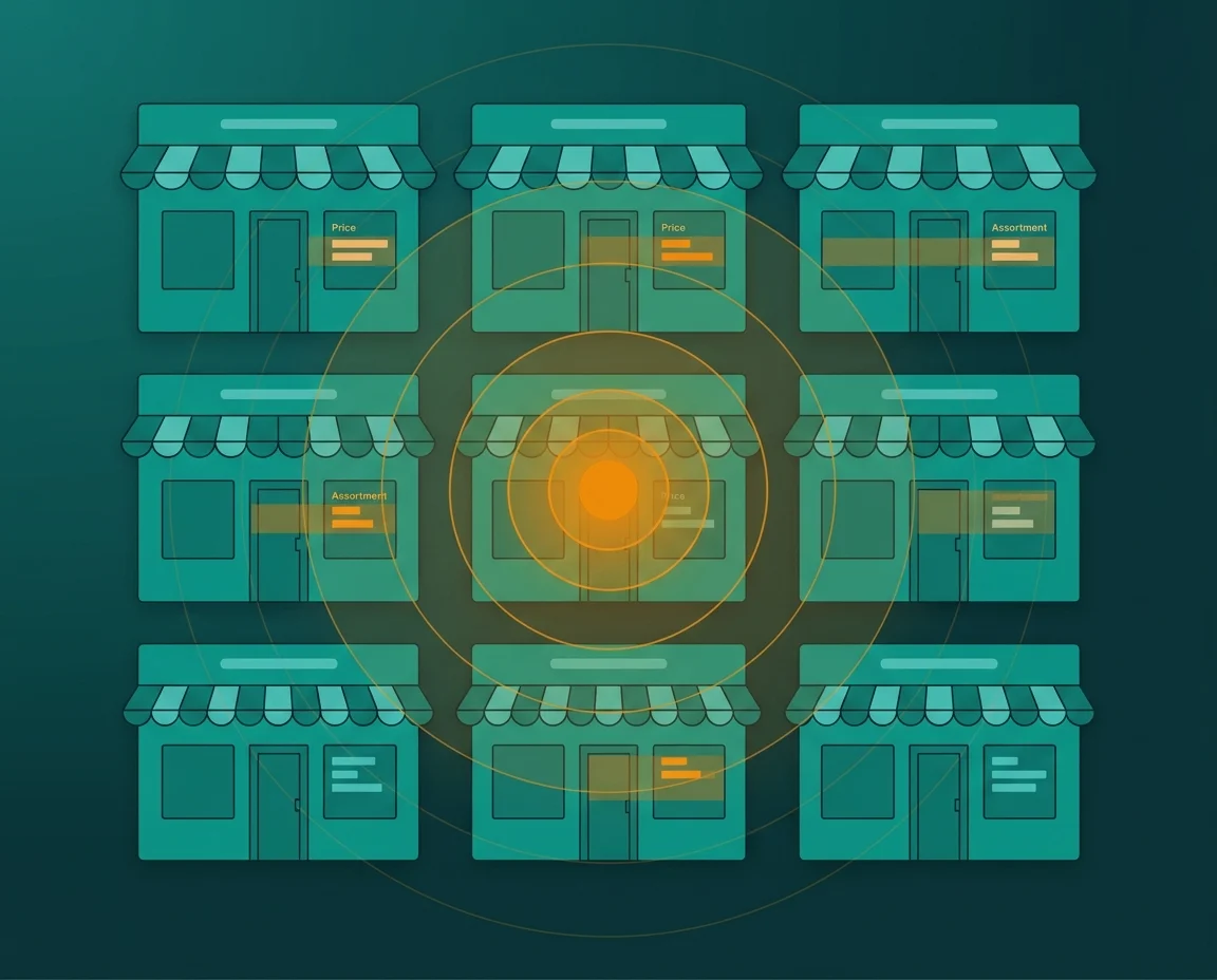 AI competitor intelligence illustration — grid of competitor storefronts with pricing and assortment comparison overlay on teal and amber gradient