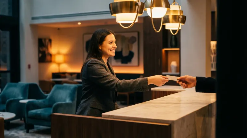 Hotel receptionist welcoming a guest at a modern front desk