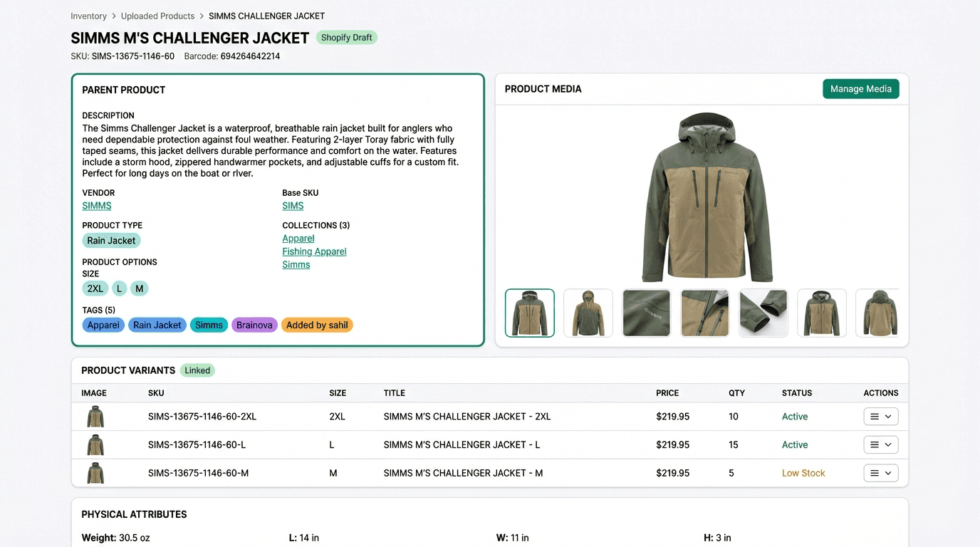 Enriched product detail page with AI-generated SEO descriptions, sourced images, estimated dimensions, and variant groupings