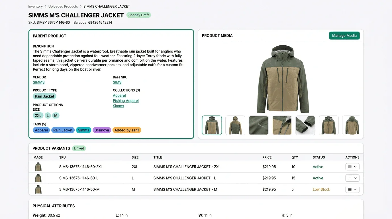 Brainova AI Inventory product detail page showing complete product listing with images, full description, SEO content, tags, collections, variants table, and physical attributes
