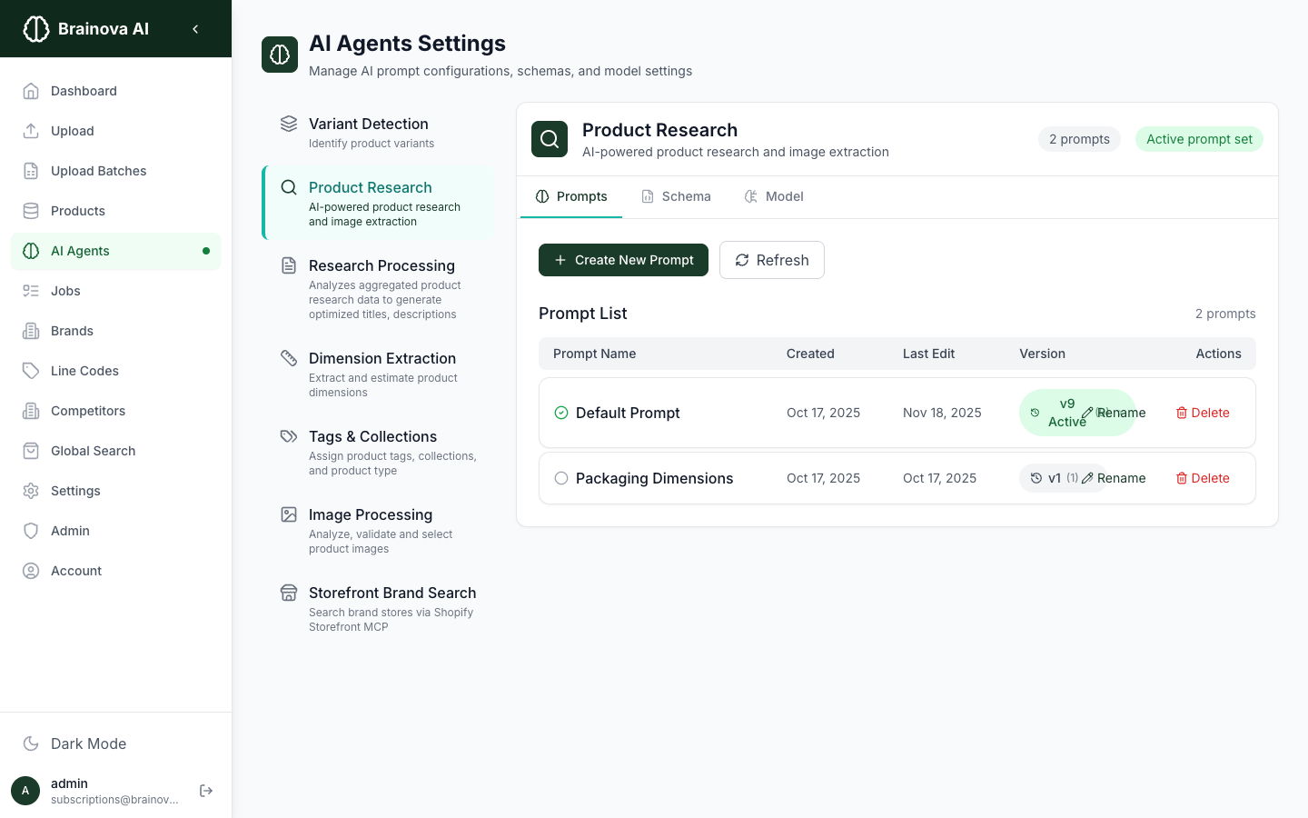 Brainova AI Inventory AI Agents settings showing configurable agents for variant detection, product research, research processing, dimension extraction, tags and collections, image processing, and storefront brand search
