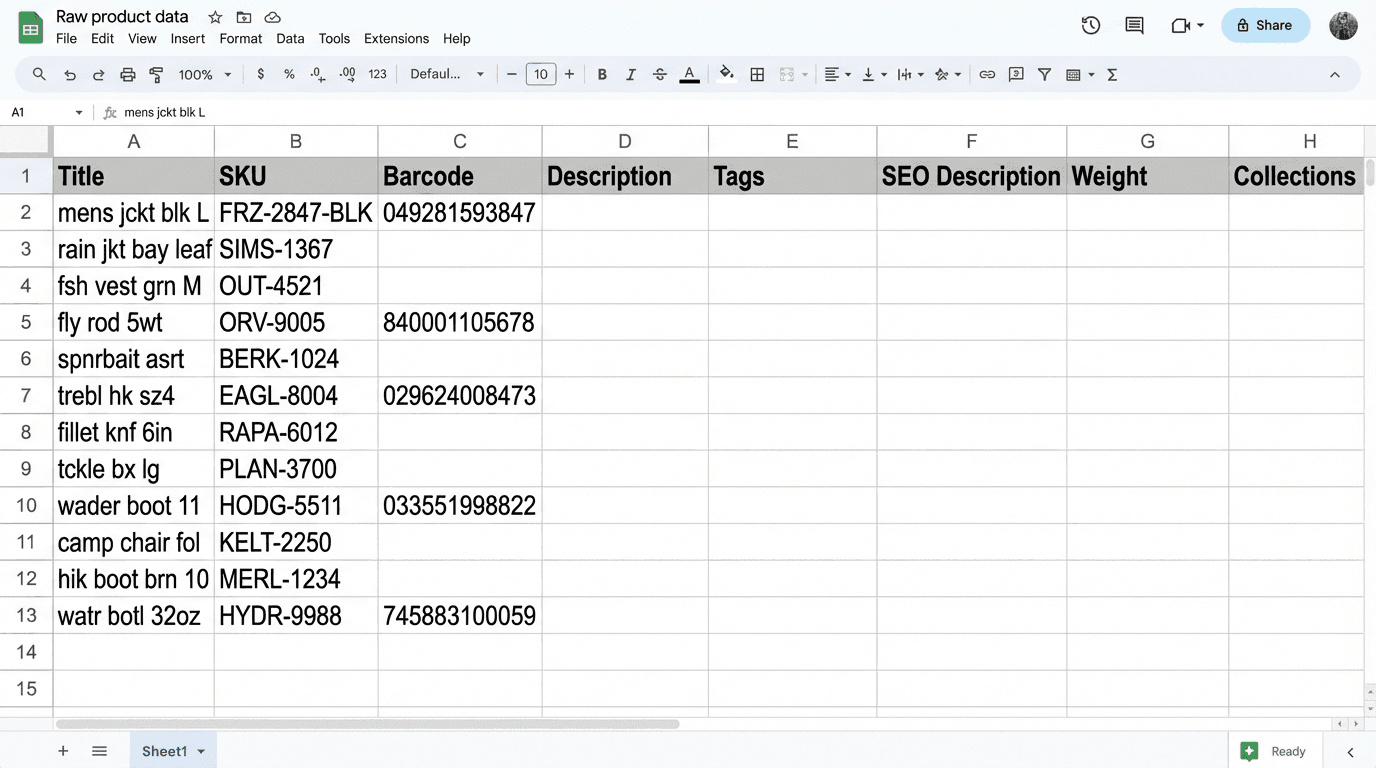 Raw supplier spreadsheet with minimal product data — SKUs, brand names, and model numbers only