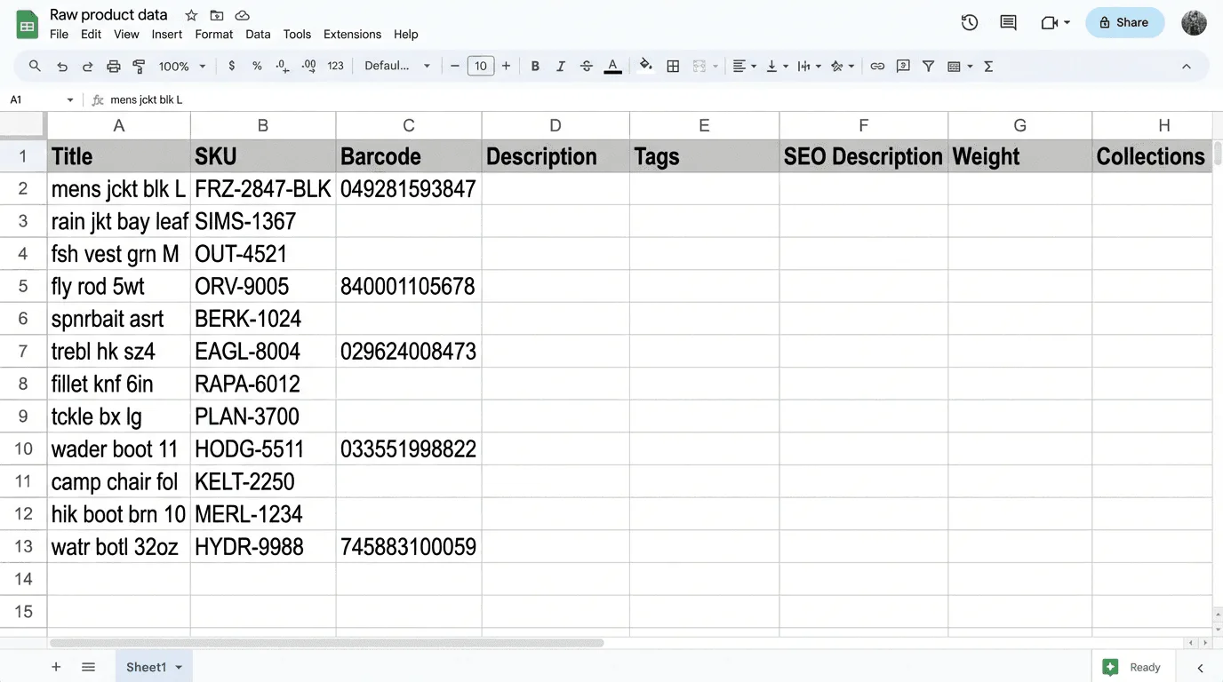 Raw spreadsheet showing product data with Title, SKU, and Barcode columns populated but Description, Tags, SEO Description, Weight, and Collections columns completely empty