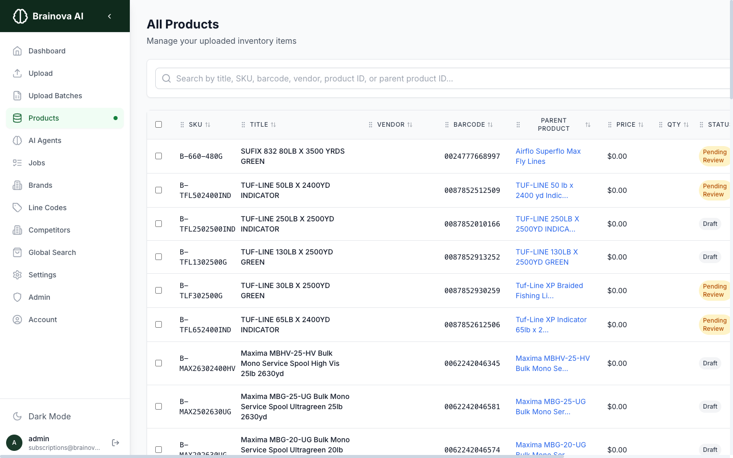 Brainova AI Inventory products table showing workflow status columns, quality scores, and Shopify sync state for product catalog management