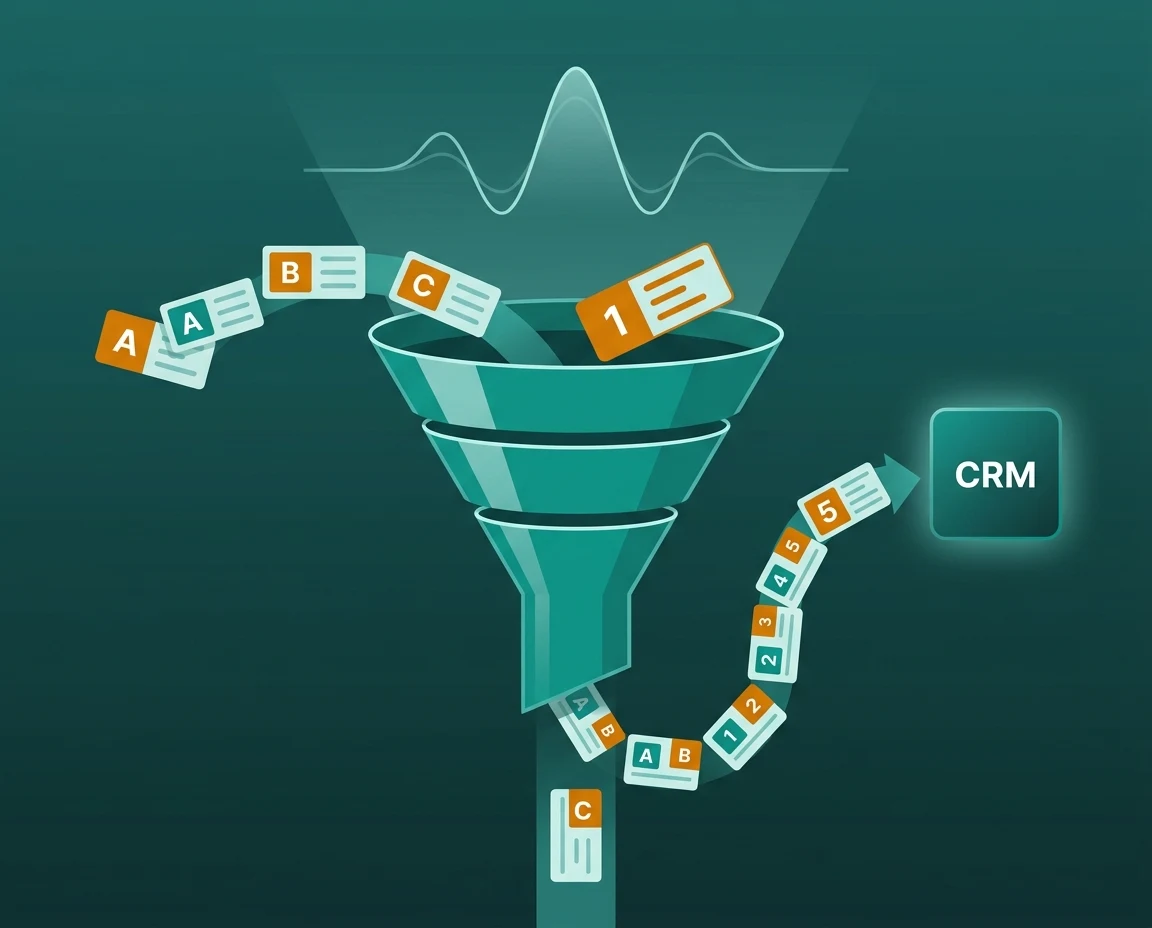 AI lead qualification illustration — funnel with scored leads routed to CRM on teal and amber gradient