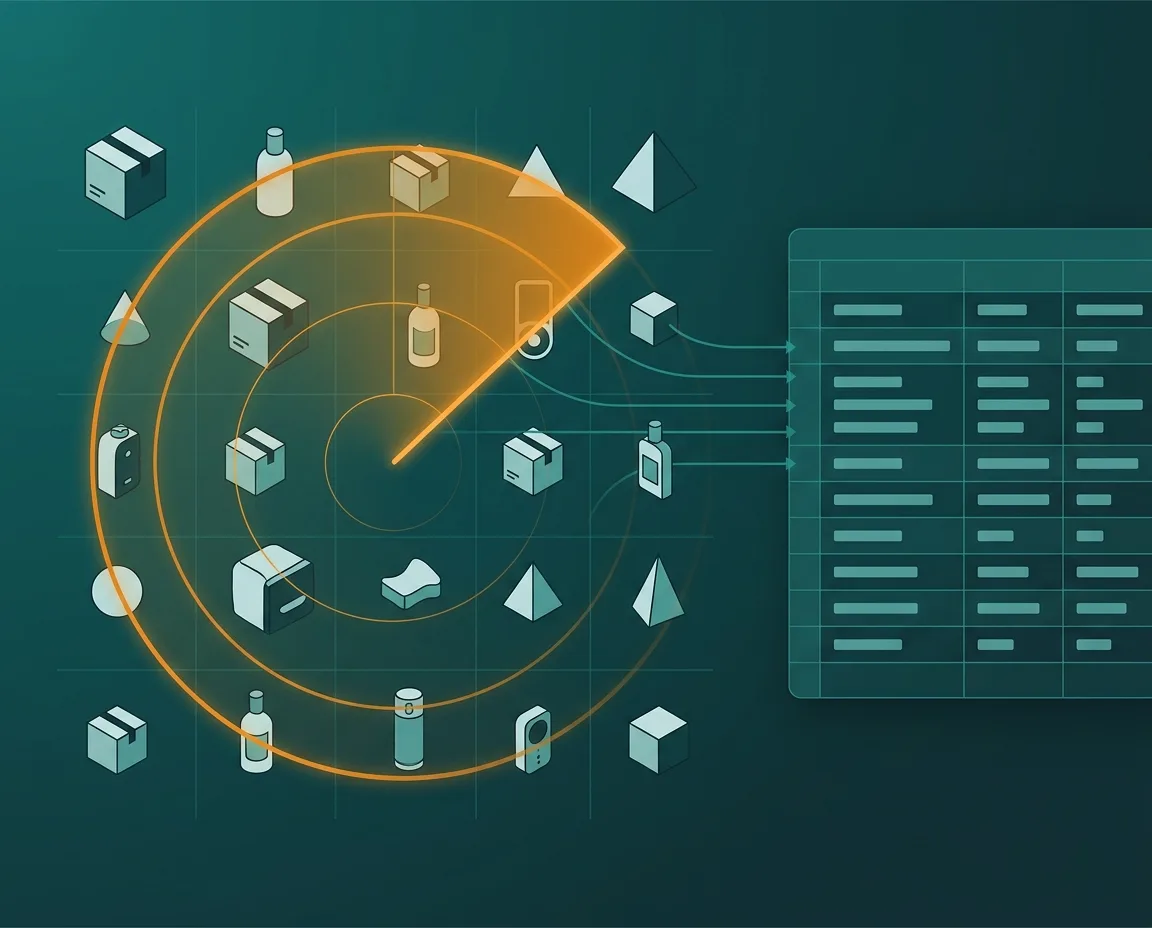 AI product research illustration — radar sweep across product icons extracting specs into a structured sheet on teal and amber gradient
