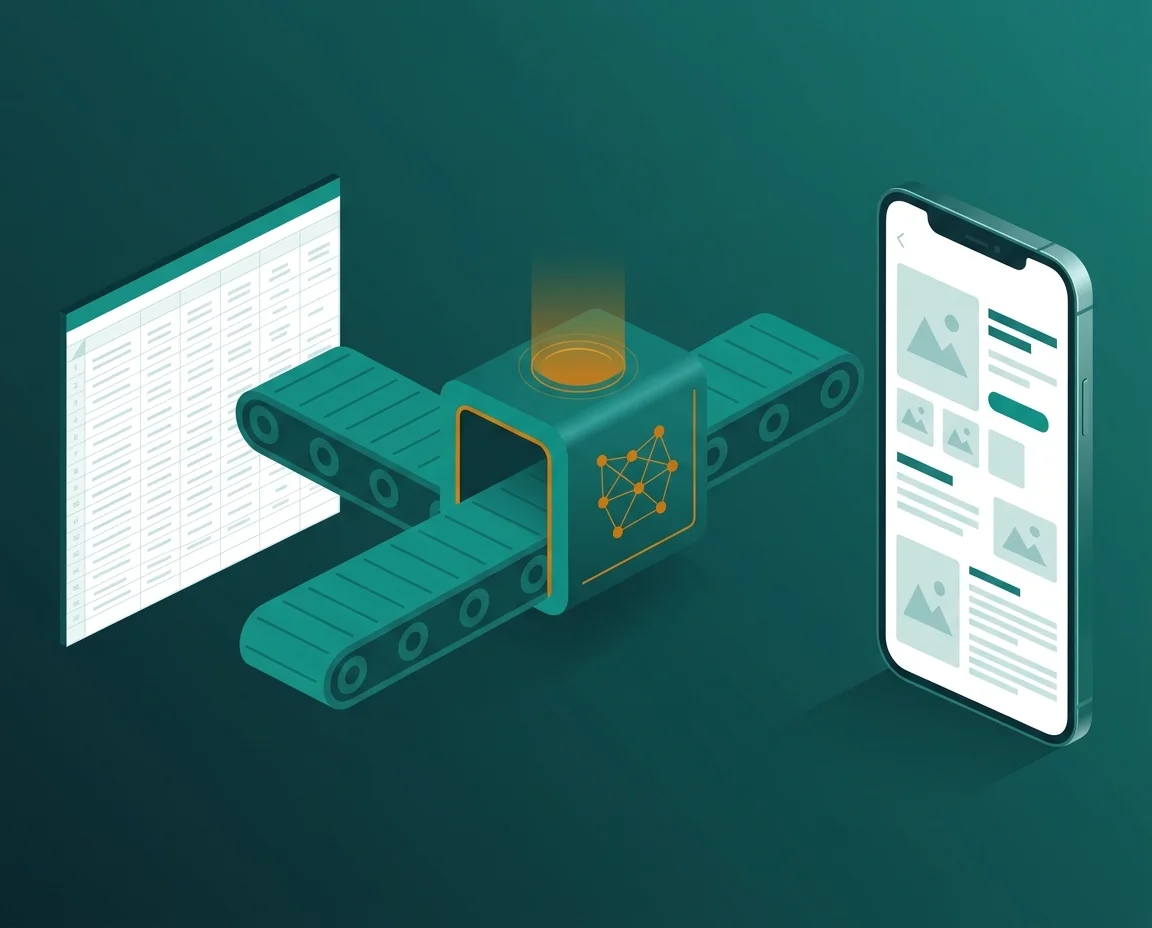 AI supplier-to-store pipeline illustration — supplier spreadsheet rows transforming into polished product pages on teal and amber gradient