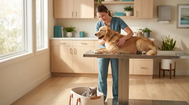 Veterinarian gently examining a golden retriever in a warm, modern clinic exam room